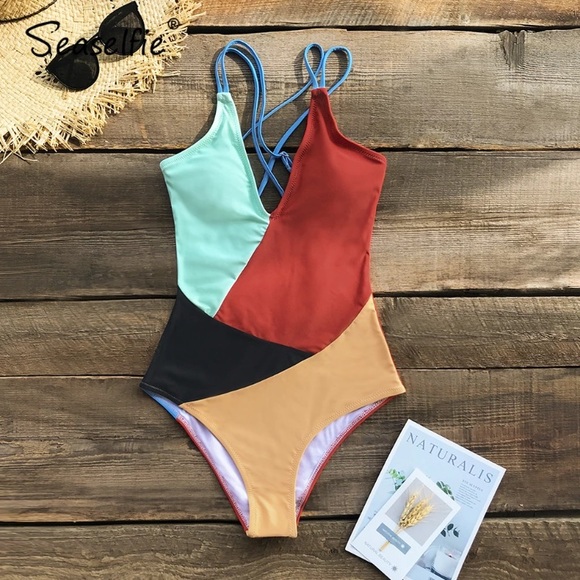 Cupshe Color Block One Piece Strappy Back Small - Picture 6 of 8